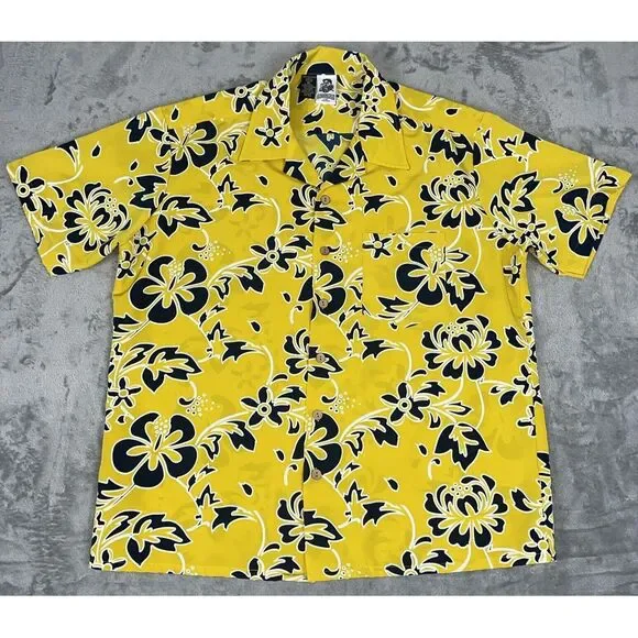 Kennington LTD Mens XL Hawaiian Shirt Yellow/Blue Tropical Floral Vacation *read - Picture 1 of 9